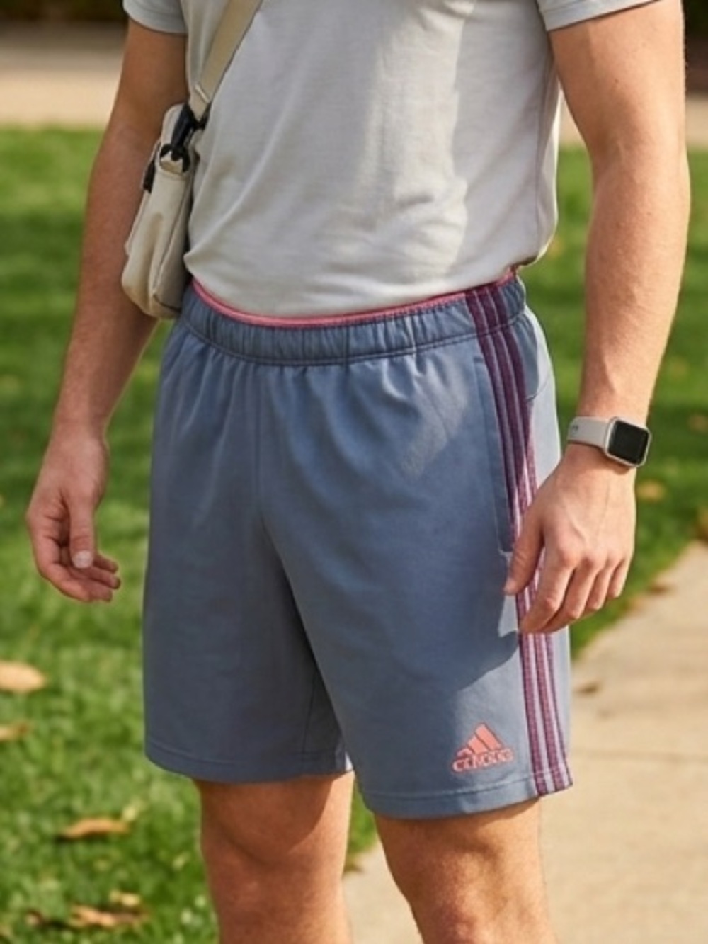 adidas Women's Slate Blue Athletic Shorts with Pink Logo